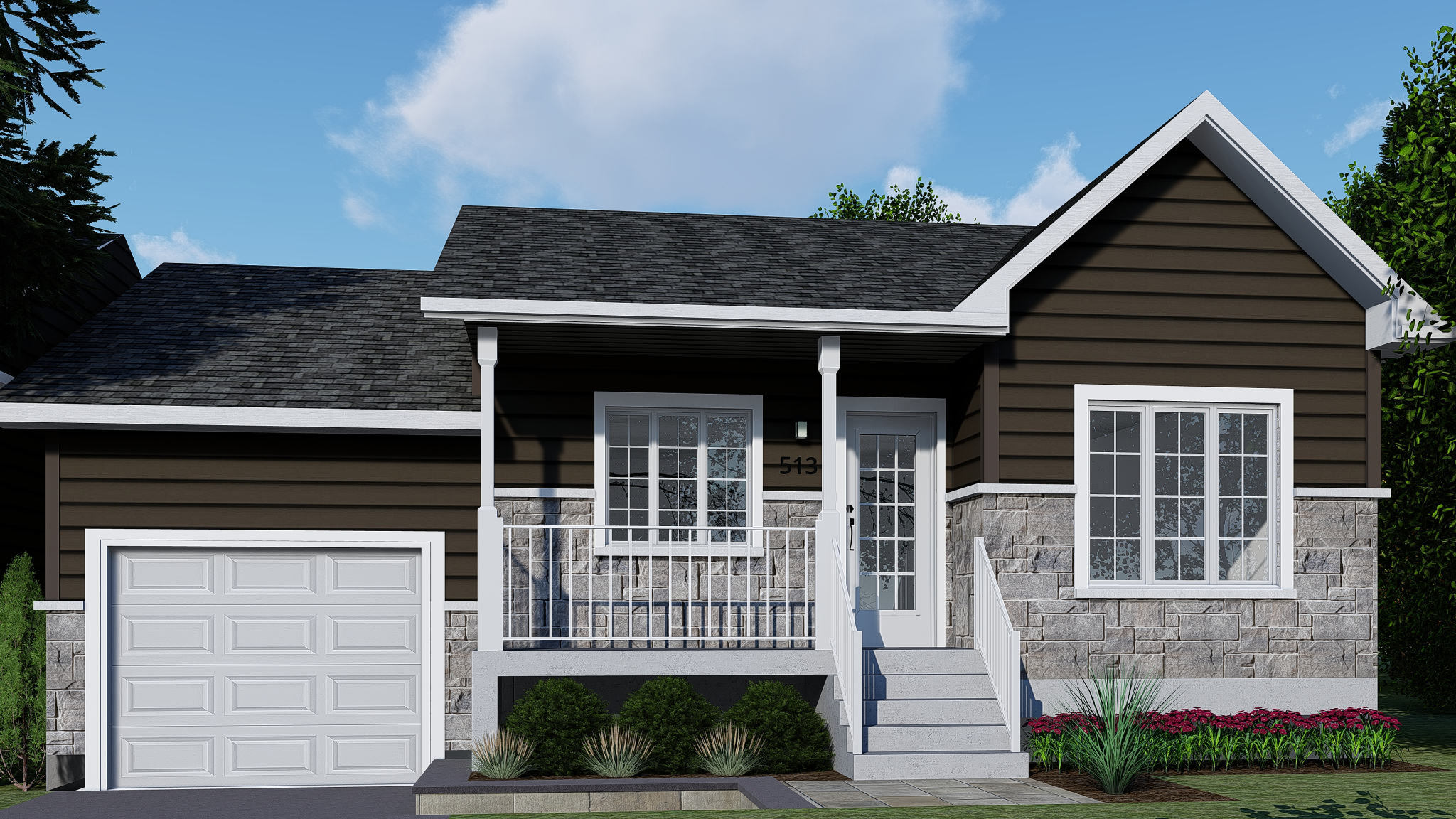 Façade moderne d'une maison en pierre et bois