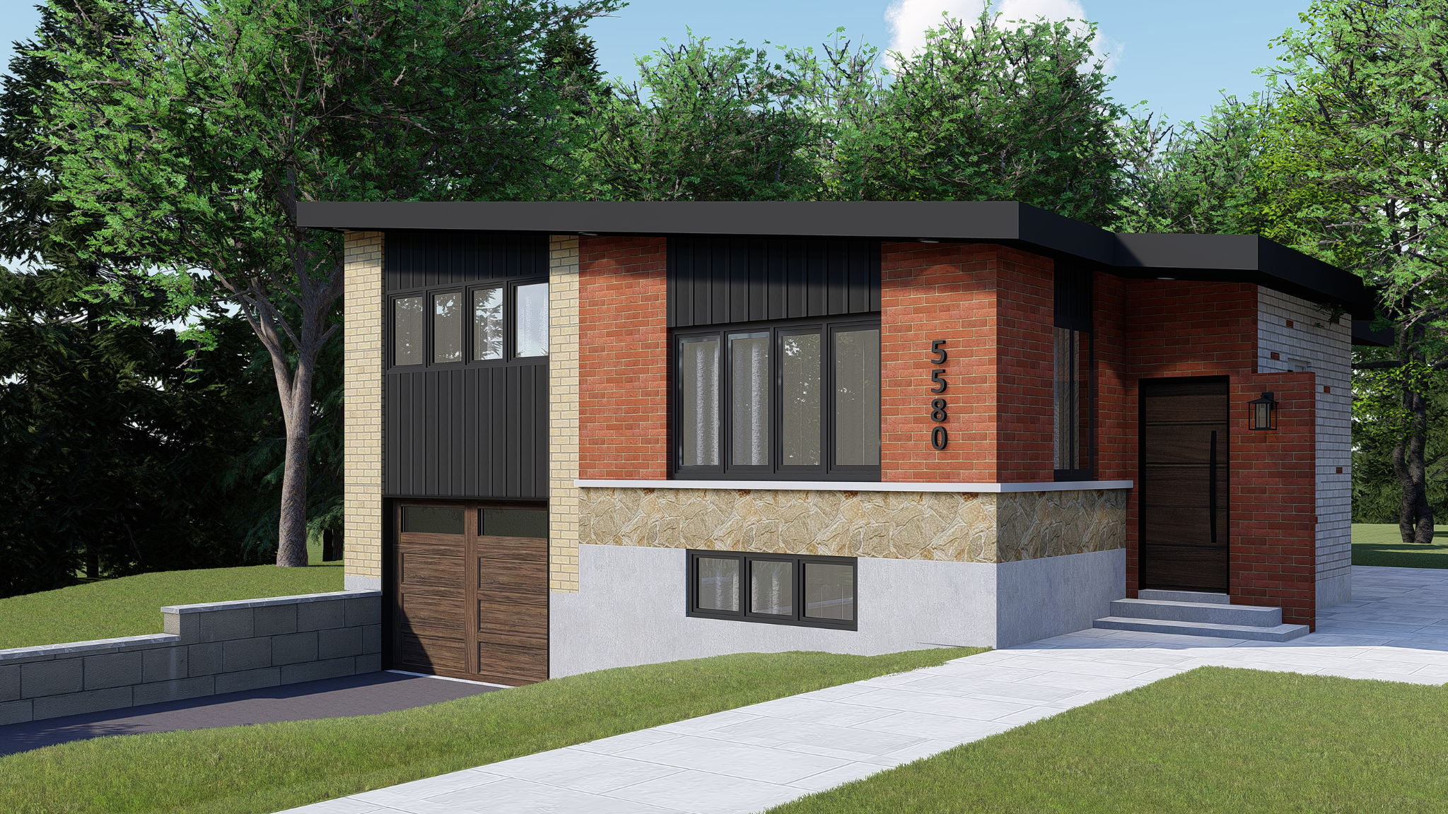 Maison moderne en briques avec garage intégré.