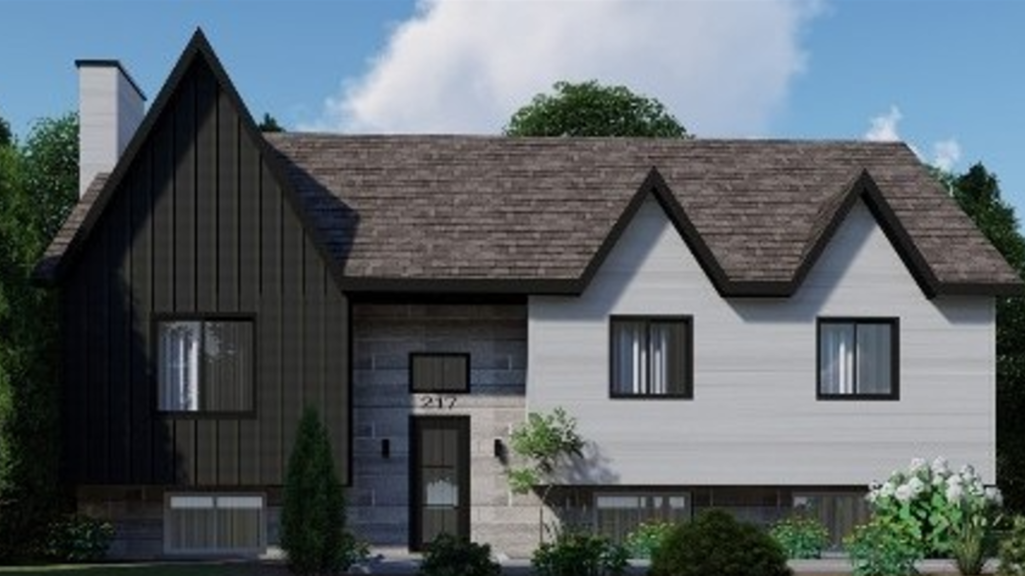 Maison moderne avec bardage noir et blanc.