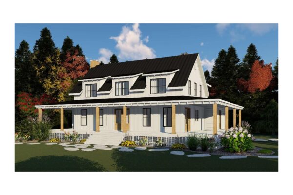 Maison à toit noir entourée d'arbres.