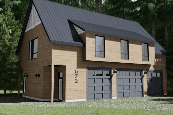 Maison en bois moderne avec trois garages.