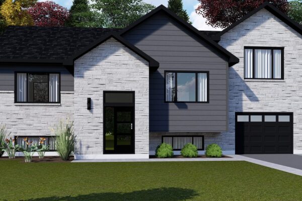 Maison moderne en façade avec garage intégré.
