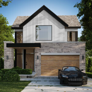 Façade de maison moderne avec garage en bois