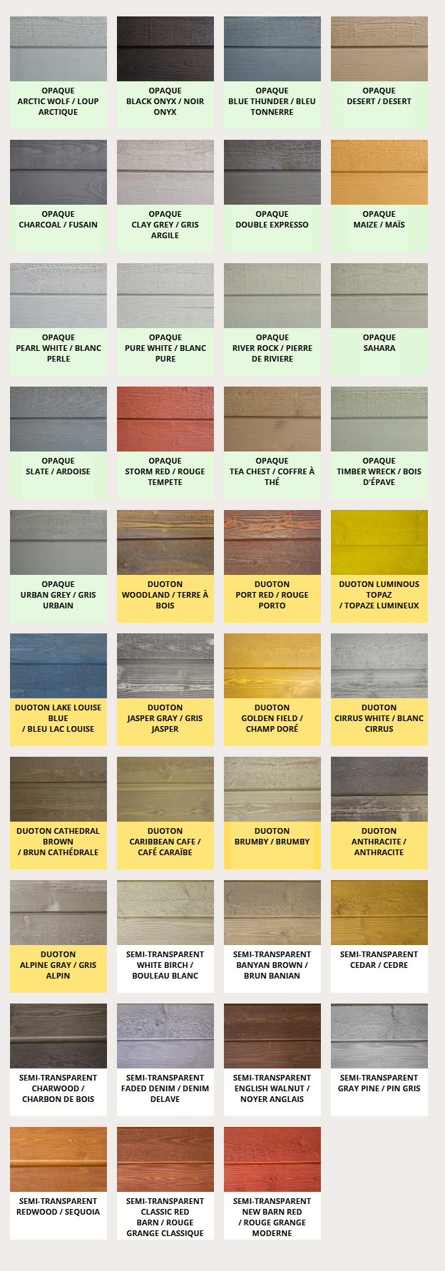 Nuancier de couleurs pour revêtement bois extérieur