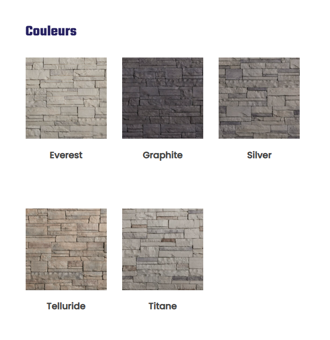 Échantillons de parement en pierre, cinq couleurs